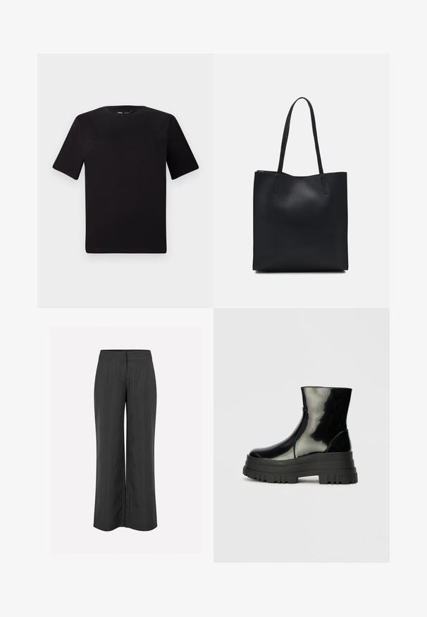 Must olema lühikeste varrukatega must t-särk ümmarguse kaelusega, valmistatud pehmest puuvillast kangast. Lihtne disain, ilma nähtavate logode või mustriteta.; Mustad laiad püksid valgete triipudega, millel on sile vöökoht ja mugav lõige, valmistatud kergest kangast.; Must mustakate läikiv ankle boot paksu lõkkeka üle ja ümarate varvastega, külgvaates halli ühtlase taustal.; Mustast nahast kott sujuva tekstuuriga, ristkülikukujuline ja kahe pika sangaga. Pole nähtavat riistvara ega kaunistusi.