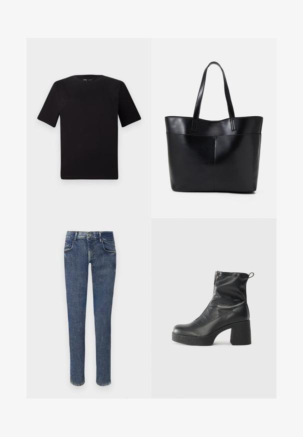 Svart t-skjorte med korte ermer og rund hals, laget av mykt bomullsstoff. Enkelt design, ingen synlige logoer eller mønstre.; Falmede blå denimbukser med smal passform, midt-liv, fem lommer og glidelås. Har subtile slitasjeeffekter og sømmer.; Svarte ankelstøvler laget av glatt lær, med glidelås på siden, chunky strukturert hæl, og rund tå-design.; Svart lær toteveske med to lange håndtak, en glatt tekstur og en strukturert form. Har en frontlomme for ekstra oppbevaring.