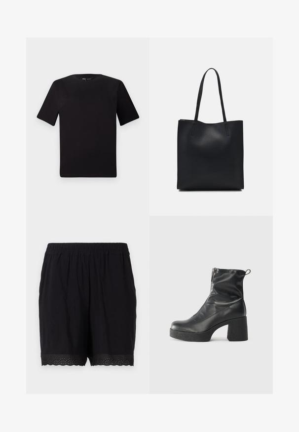 Svart t-skjorte med korte ermer og rund hals, laget av mykt bomullsstoff. Enkelt design, ingen synlige logoer eller mønstre.; Svart bomullsshortser med elastisk midjebånd og bølget kant med perforert detaljering i kantene. Myk og lett stoff.; Svarte ankelstøvler laget av glatt lær, med glidelås på siden, chunky strukturert hæl, og rund tå-design.; Svart lær tote bag med glatt tekstur, rektangulær form og to lange håndtak. Ingen synlige deler eller dekorasjoner.