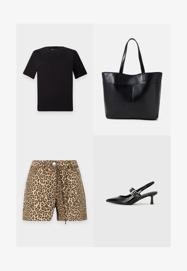 Juodas trumpas rankovės marškinėlis su apvaliu iškirpimu, pagamintas iš minkštos medvilnės medžiagos. Paprastas dizainas, be matomų logotipų ar raštų.; Leopardų rašto šortai su smėlio ir rudos spalvų deriniu, turintys mygtuką, diržų kilpeles ir laisvą siluetą.; Juodai lakuoti slingback aukštakulniai su smailiu kojų pirštu ir mažais blokiniais kulniukais, su sidabro sagtimi ant dirželio.; Juoda odinė rankinė su dviem ilgais diržais, lygiu paviršiumi ir struktūrizuota forma. Yra priekinė kišenė papildomam saugojimui.