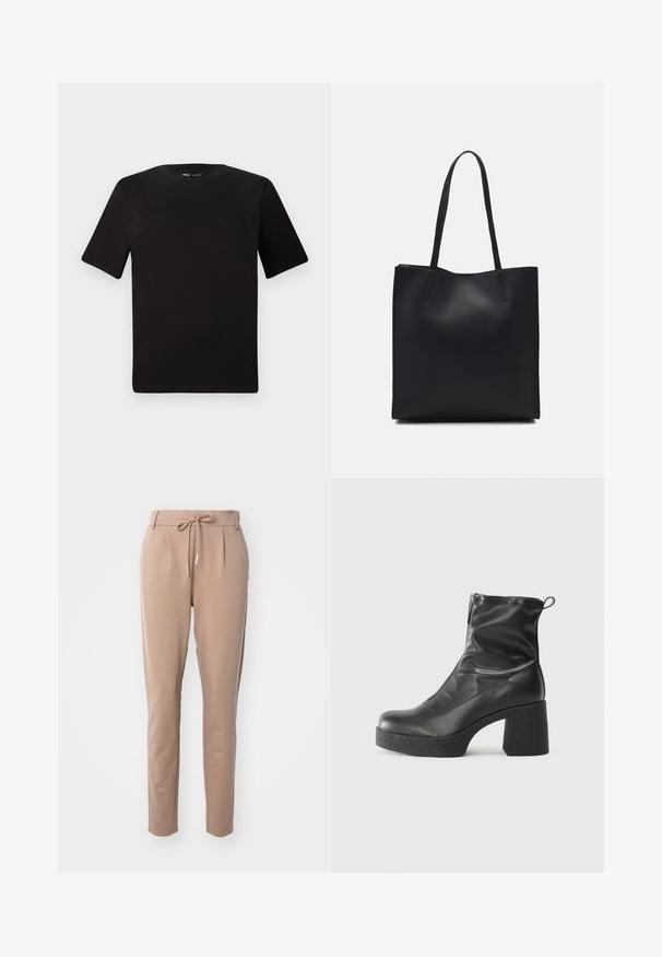 Black short-sleeve t-shirt with a round neckline, crafted from soft cotton fabric. Simple design, no visible logos or patterns.; Beige trousers made of soft fabric, featuring a drawstring waistband, pleats at the front, and a tapered leg design.; Black ankle boots made of smooth leather, featuring a side zipper, chunky textured heel, and rounded toe design.; Black leather tote bag with smooth texture, rectangular shape, and two long handles. No visible hardware or embellishments.