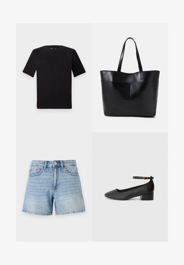 Fekete, rövid ujjú póló, kerek nyakkal, puha pamutból készült. Egyszerű dizájn, nincs látható logó vagy minta.; Világoskék farmer rövidnadrág magas derékkal, öt zsebes kialakítással és kontrasztöltéssel. Az anyag elhasználódott, kopott hatású.; Fekete bőr magassarkú cipő hegyes orral és alacsony tömb sarkal. Bokapánttal rendelkezik, aranyszínű csattal. Simább textúra.; Fekete bőr bevásárlótáska két hosszú fogantyúval, sima felülettel és strukturált formával. Elülső zseb található rajta a plusz tárolás érdekében.