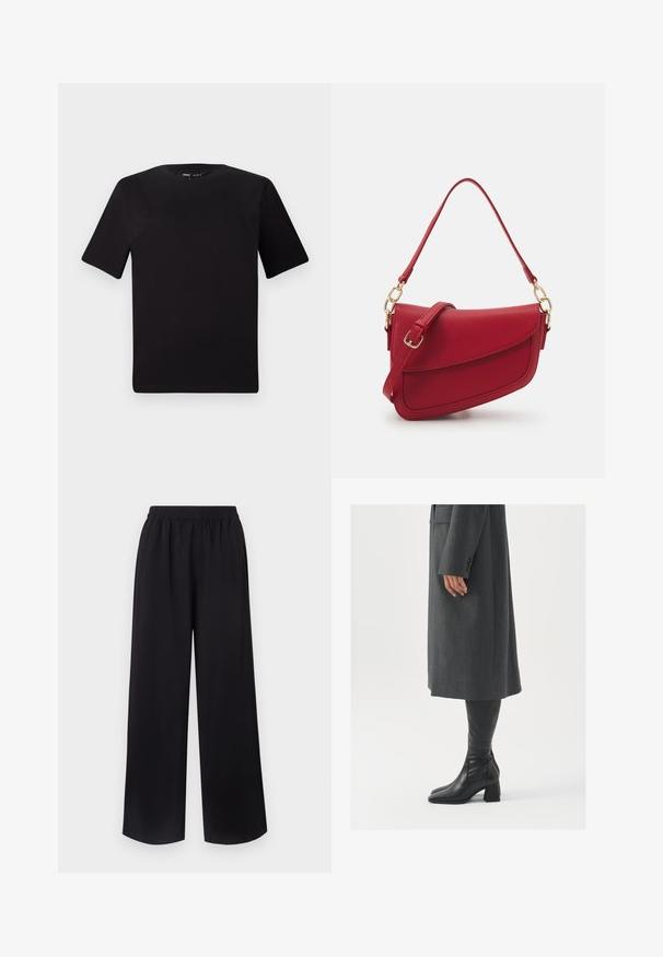 Fekete, rövid ujjú póló, kerek nyakkal, puha pamutból készült. Egyszerű dizájn, nincs látható logó vagy minta.; Fekete, bő szabású nadrág, rugalmas derékrésszel, sima, könnyű anyagból készült. Áramló dizájn jellemzi, látható minták nélkül.; Szürke, szabott overál, egyenes vonallal; térd fölé érő fekete bőrcsizmákkal párosítva, négyzetes orral és vastag sarokkal.; Piros, texturált bőr válltáska hosszú pánttal és arany színű fémrészekkel, ívelt fedőrésszel és strukturált formával.