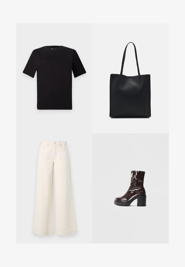 Tricou scurt negru cu mânecă scurtă și guler rotund, realizat dintr-un material de bumbac moale. Design simplu, fără logo-uri sau modele vizibile.; Pantaloni din denim bej deschis, cu talie înaltă, cu picioare largi, două buzunare frontale, închidere cu buton și detalii subtile de cusătură.; Botine lucioase burgundy, cu toc gros negru, având o textură netedă și un design simplu. Fără închideri sau modele vizibile.; Geantă tote neagră din piele, cu textură netedă, formă rectangulară și două mânere lungi. Fără hardware vizibil sau ornamente.