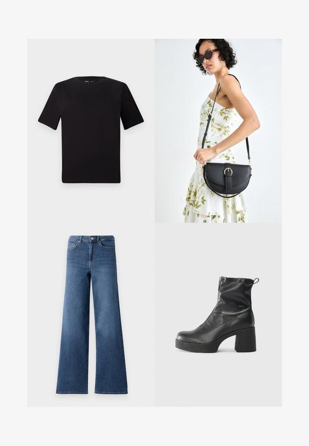 T-shirt preta de mangas curtas com decote redondo, feita de tecido de algodão suave. Design simples, sem logótipos ou padrões visíveis.; Calças de ganga blue de perna larga com um cós padrão, bolsos frontais e uma textura suave. Sem padrões ou adornos visíveis.; Botas de tornozelo pretas feitas de couro liso, com fecho lateral, salto grosso texturizado e design de bico arredondado.; Bolsa de couro preta com forma curva, alça destacável e detalhes em dourado. A bolsa possui uma aba com detalhe de fivela.