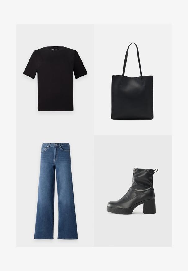 T-shirt preta de mangas curtas com decote redondo, feita de tecido de algodão suave. Design simples, sem logótipos ou padrões visíveis.; Calças de ganga blue de perna larga com um cós padrão, bolsos frontais e uma textura suave. Sem padrões ou adornos visíveis.; Botas de tornozelo pretas feitas de couro liso, com fecho lateral, salto grosso texturizado e design de bico arredondado.; Bolsa tote preta em couro com textura lisa, forma retangular e duas alças longas. Sem hardware ou enfeites visíveis.