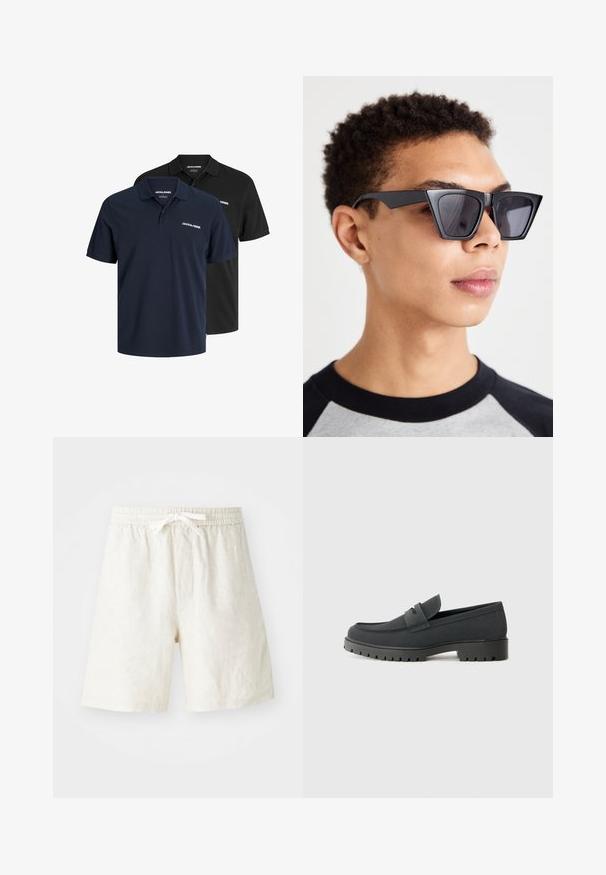 Kaksi polo-paitaa: yksi tummansininen valkoisella logolla ja yksi musta. Molemmissa on klassinen kaulus ja lyhyet hihat, ja ne on valmistettu kevyestä kankaasta.; Linen shorts vaaleassa beessissä, joissa on joustava vyötärö ja nyörinki. Ominaisuuksiin kuuluu sivutaskut ja rento istuvuus. Suora rakenne.; Musta loafer-kengät, joissa on sileä, matta pinta, pyöreä kärki ja paksu, teksturoitu pohja. Korostettu etustrapilla.; Mustat kulmikkaat aurinkolasit tummilla linsseillä, joissa on rohkea geometrinen muotoilu ja mattapintainen viimeistely. Käytössä henkilöllä, jolla on lyhyt hius.