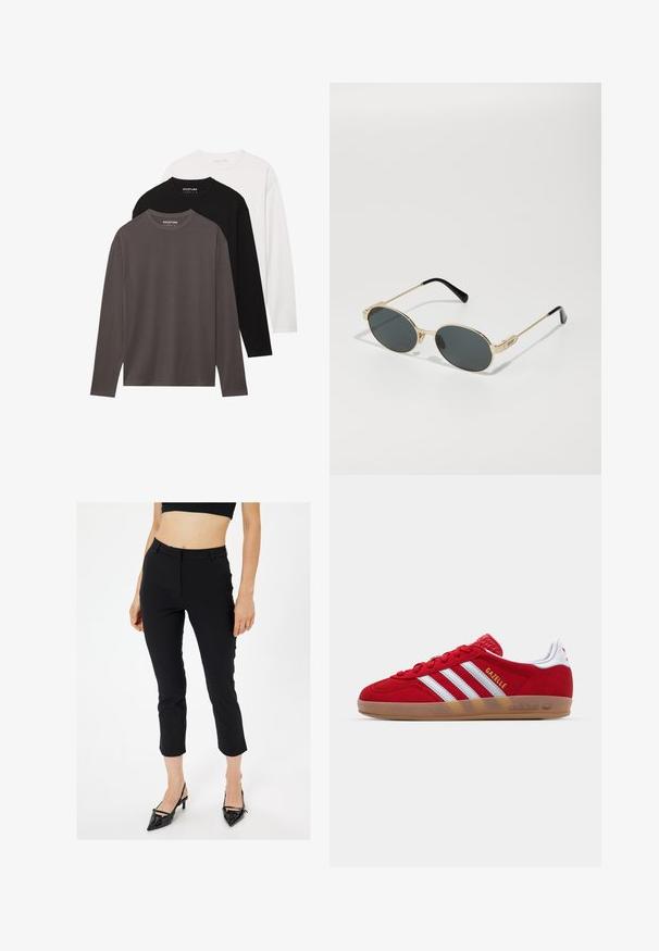 YOURTURN UNISEX 3 PACK - Longsleeve - white/black/dark grey; Zwarte cropped broeken met een gladde textuur, voorzien van een op maat gemaakte taille, een slim fit en zijzakken. Gecombineerd met zwarte puntige hakken.; Rode suède sneaker met een witte drie-strepenontwerp en gouden "Gazelle" tekst. Beschikt over een rubberen gumzool en een gestructureerde hiel.; Gouden metalen zonnebril met ovale lenzen en donkere getinte lenzen. Zwarte acetaattips op de armen. Merkennaam "QUAY" aan de zijkant.
