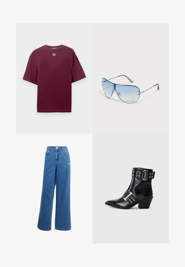 Burgundy cotton t-shirt with a round neck and short sleeves, featuring a white Adidas logo centered on the chest. Smooth texture.; Wide-leg blue denim jeans featuring a high waistband, front pockets, and a small white logo detail at the hip. Slightly faded texture.; Black leather ankle boot with pointed toe, silver buckle accents, and two straps with grommets. Low block heel for added stability.; Aviator sunglasses featuring a gradient blue lens, silver metal frame, and decorative star accents on the lens. Smooth and sleek design.