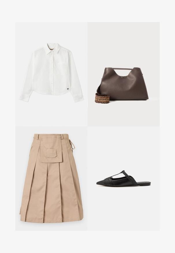 Valge lühikesed varrukad puuvillane särk. Omab nööbiga esist, rinna taskut ning väikest musta logo all vasakul.; Baum und Pferdgarten SUNNY - Voltidega seelik - savannah tan; Must kuulsad nahast kandadega kingad, millel on terav nina, koos kootud detaili ja volditud ülaosaga. Lame tald minimaalse riistvaraga.; Pruun nahkne käekott tekstureeritud viimistlusega, nurkadega disain ja silmapaistev ülemine sang. Omab mustriga kootud rihma detaili.