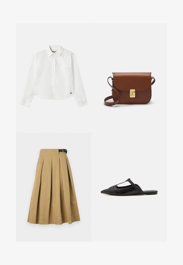 Cămașă albă cropped cu mânecă lungă din bumbac. Prezentă un închizător cu nasturi în față, un buzunar pe piept și un mic logo negru în partea stângă jos.; Fusta plisată khaki, realizată din material de bumbac, cu un brâu structurat și o curea neagră, având o lungime sub genunchi.; Pantofii din piele neagră cu curea la spate au vârful ascuțit, prezentând un accent țesut și un design superior pliat. Talpa joasă cu hardware minim.; Geantă de piele maro cu închidere tip capac, accesorii de culoare aurie, curea de umăr și o textură netedă. Formă compactă și rectangulară.