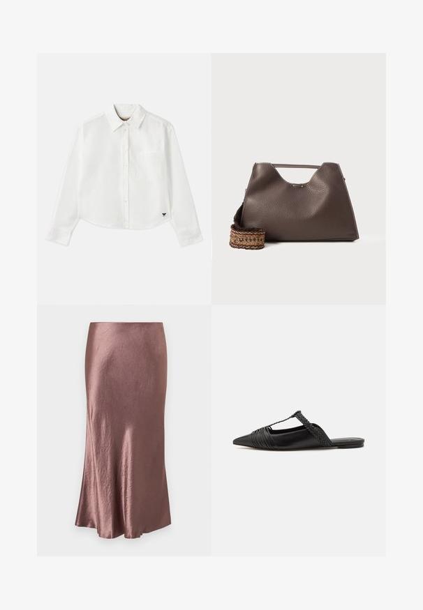 Weißes, kurzes Langarmhemd aus Baumwolle. Verfügt über eine durchgehende Knopfleiste, eine Brusttasche und ein kleines schwarzes Logo unten links.; Satin-Midirock in Mauve, glatte Textur, leicht ausgestellter Saum, mit einfachem Design und ohne sichtbare Verschlüsse oder Verzierungen.; Schwarzer Leder-Slingback-Schuh mit spitzem Zehenbereich, ausgestattet mit einem geflochtenen Akzent und einem gefalteten Oberdesign. Flache Sohle mit minimalem Zubehör.; Braune Lederhandtasche mit strukturiertem Finish, kantigem Design und einem markanten oberen Griff. Verfügt über ein gemustertes, geflochtenes Riemendetail.