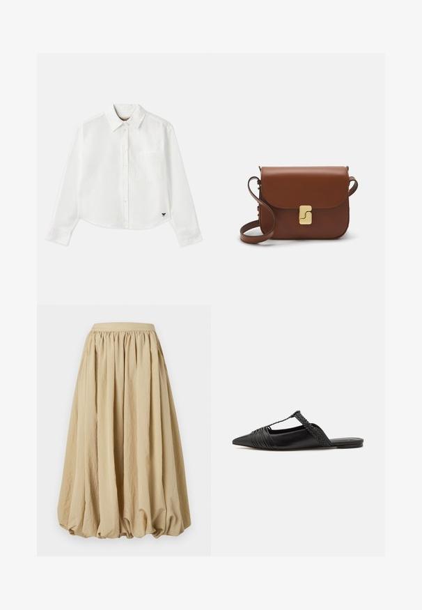 Bela skrajšana srajca z dolgimi rokavi iz bombaža. Ima sprednje gumbke, žep na prsih in majhen črn logo na spodnjem levem delu.; Bežna midi krila z nabranim pasom, tekočim materialom in obsežno obliko, ki ima teksturno površino in subtilne gube.; Črne usnjene sandale s priponko, koničastim nosom in tkano dekoracijo ter gubanjem na zgornjem delu. Ravna podplata z minimalno opremo.; Rjava usnjena torbica s poklopcem, zlato obarvani okovi, naramnica in gladka tekstura. Kompaktna pravokotna oblika.