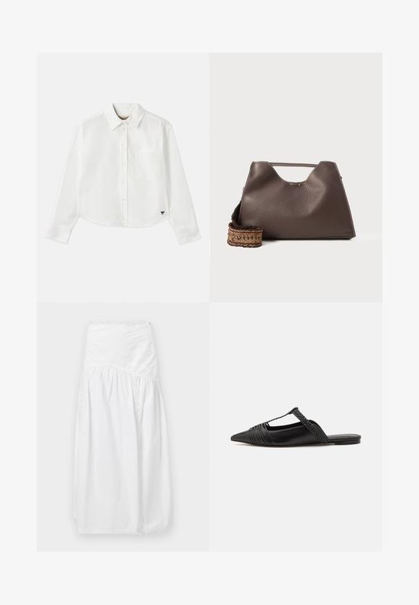 Weißes, kurzes Langarmhemd aus Baumwolle. Verfügt über eine durchgehende Knopfleiste, eine Brusttasche und ein kleines schwarzes Logo unten links.; sandro JUPE - Maxirock - blanc; Schwarzer Leder-Slingback-Schuh mit spitzem Zehenbereich, ausgestattet mit einem geflochtenen Akzent und einem gefalteten Oberdesign. Flache Sohle mit minimalem Zubehör.; Braune Lederhandtasche mit strukturiertem Finish, kantigem Design und einem markanten oberen Griff. Verfügt über ein gemustertes, geflochtenes Riemendetail.