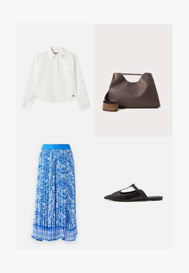 Bela skrajšana srajca z dolgimi rokavi iz bombaža. Ima sprednje gumbke, žep na prsih in majhen črn logo na spodnjem levem delu.; Modra plisirana krila z belim zapletenim cvetličnim vzorcem, z enobarvnim modrim pasom. Tkanina ima gladko, tekočo teksturo.; Črne usnjene sandale s priponko, koničastim nosom in tkano dekoracijo ter gubanjem na zgornjem delu. Ravna podplata z minimalno opremo.; Rjava usnjena torba z teksturirano površino, angularno obliko in značilno zgornjo ročico. Vsebuje detajl z vzorčnim tkanim trakom.