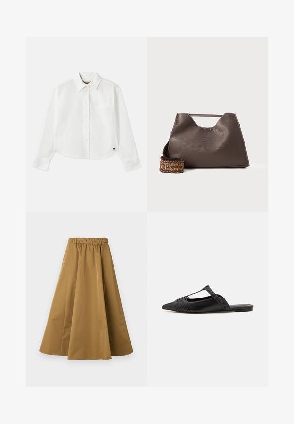 Biely skrátený dlhý rukáv košeľa vyrobená z bavlny. Má gombíkový predný zapínanie, vrecko na hrudi a malé čierne logo na spodnej ľavej strane.; Hnedá sukňa po členky vyrobená z hladkej bavlny, s elastickým pásom pre pohodlie a jemnými sklady pre objem.; Čierne kožené sandále so špičatou špičkou, ktoré majú tkaný detail a zborený dizajn vrchnej časti. Plochá podrážka s minimálnym hardvérom.; Hnedá kožená kabelka s textúrovaným povrchom, ostrým dizajnom a charakteristickou hornou rúčkou. Obsahuje detail so vzorovaným tkaným pásikom.