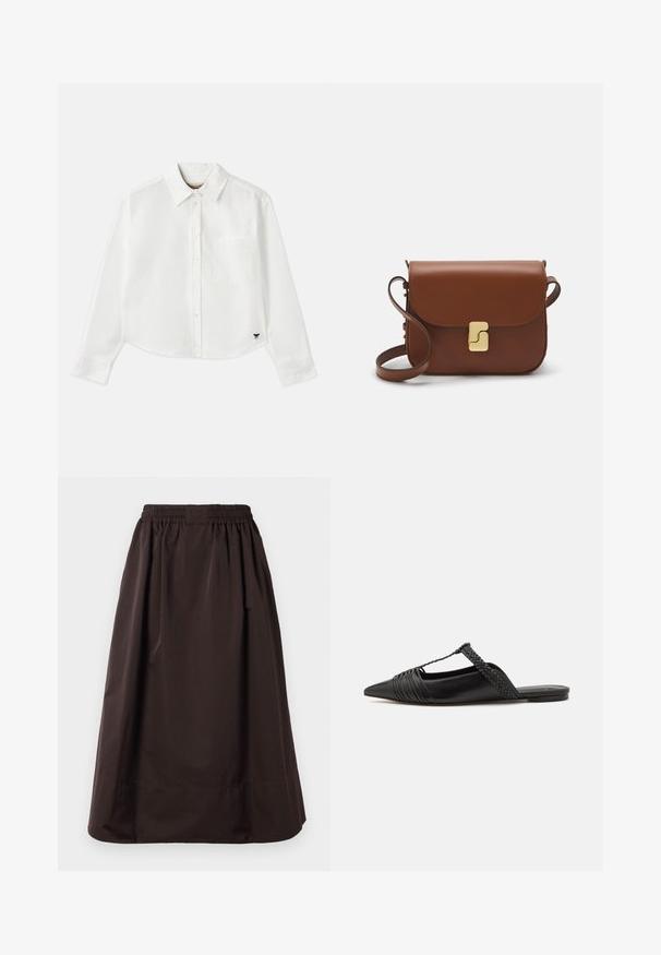 Bijela skraćena košulja dugih rukava napravljena od pamuka. Ima gumb za zatvaranje sprijeda, džep na prsima i mali crni logotip na donjem lijevom dijelu.; Smeđa midi suknja s elastičnom stražnjicom i širokim rubom, izrađena od glatkog materijala s suptilnim naborima ispod struka.; Crne kožne cipele s remenom oko pete i šiljastim vrhom, s pletenim naglaskom i nabranim gornjim dijelom. Ravni đon s minimalnim hardverom.; Smeđa kožna torba s preklopom, zlatnim detaljima, remenom za nošenje preko ramena i glatkom teksturom. Kompaktni pravokutni oblik.