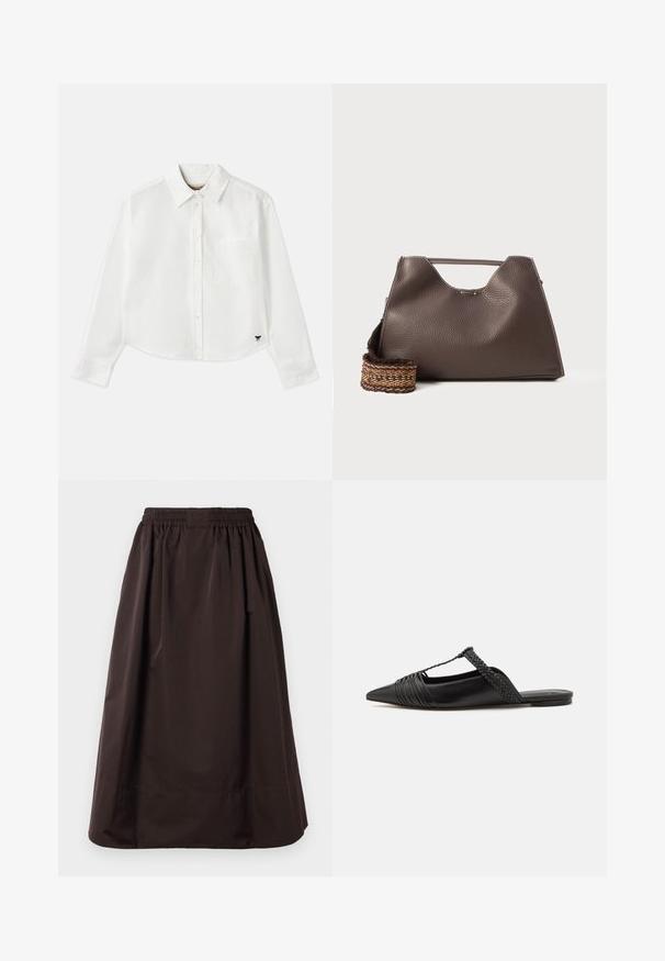 White cropped long-sleeve shirt made of cotton. Features a button-up front, a chest pocket, and a small black logo on the bottom left.; Brown midi-length skirt with elastic waistband and wide hem detail, made of smooth fabric with subtle pleats below the waist.; Black leather slingback shoe with a pointed toe, featuring a woven accent and pleated upper design. Flat sole with minimal hardware.; Brown leather handbag with a textured finish, angular design, and a distinctive top handle. Features a patterned woven strap detail.