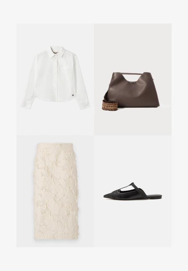 Bílá zkrácená košile s dlouhým rukávem vyrobená z bavlny. Má zapínání na knoflíky vpředu, náprsní kapsu a malé černé logo na dolním levém rohu.; Sukně v krémové barvě s texturou připomínající peří. Má padnoucí střih a délku do poloviny stehen, vhodná pro různé příležitosti.; Černé kožené slingback boty se špičatou špičkou, s tkaným akcentem a plisovaným designem svršku. Plochá podešev s minimálním kovovým zapínáním.; Hnědá kožená kabelka s texturovaným povrchem, ostrým designem a výraznou horní rukojetí. Obsahuje detail tkaného popruhu se vzorem.