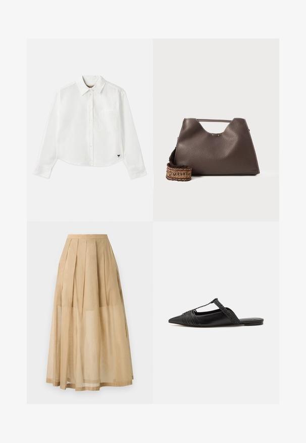 Fehér, rövidített hosszú ujjú, pamut ing. Gombos elülső résszel, mellzsebbel és egy kis fekete logóval a bal alsó részen.; Beige midi szoknya redőkkel, könnyű anyagból készült. Átlátszó felső réteg sűrű végződéssel, amely áramló sziluettet biztosít.; Fekete bőr slingback cipő hegyes orral, szőtt díszítéssel és redőzött felső dizájnnal. Lapos talp minimális hardverrel.; Barna bőr kézi táska texturált felülettel, szögletes dizájnnal és jellegzetes felső fogantyúval. Mintás szőtt vállpánttal rendelkezik.