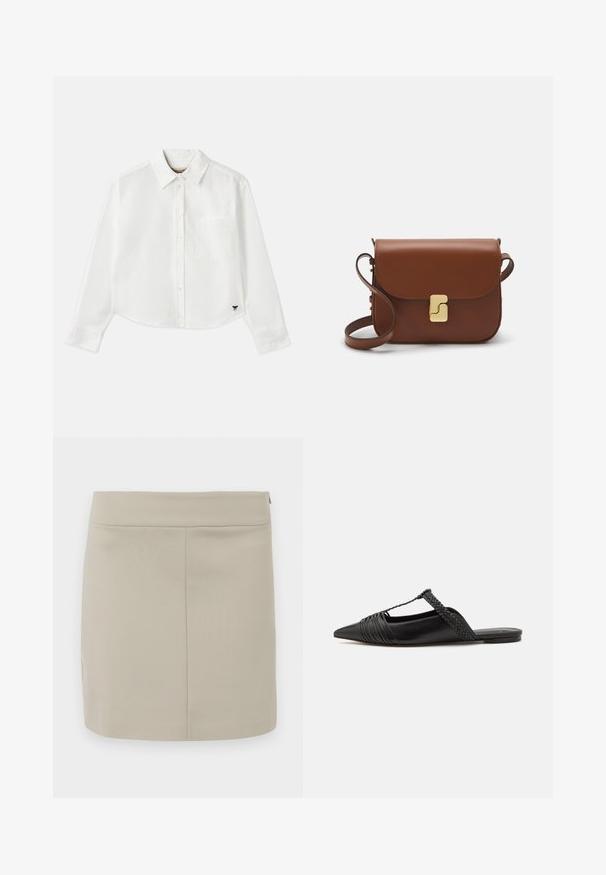 Camisa branca de manga longa cropped em algodão. Apresenta fecho com botões na frente, um bolso no peito e um pequeno logotipo preto no canto inferior esquerdo.; Saia mini bege feita de tecido liso, com corte reto, design simples e fecho oculto na lateral.; Sapatilha slingback em couro preto com bico pontudo, apresentando um detalhe trançado e um design superior plissado. Sola plana com hardware mínimo.; Bolsa de couro castanho com fecho de aba, decoração em tom dourado, alça de ombro e textura suave. Formato retangular compacto.