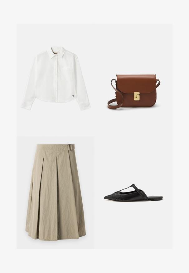 Weißes, kurzes Langarmhemd aus Baumwolle. Verfügt über eine durchgehende Knopfleiste, eine Brusttasche und ein kleines schwarzes Logo unten links.; Beige Faltenrock mit glatter Textur, ausgestattet mit einem Gürtelschlauf und in A-Linien-Form, gestaltet mit einem knielangen Schnitt.; Schwarzer Leder-Slingback-Schuh mit spitzem Zehenbereich, ausgestattet mit einem geflochtenen Akzent und einem gefalteten Oberdesign. Flache Sohle mit minimalem Zubehör.; Braune Ledertasche mit Klappenverschluss, Beschlägen in Goldfarbe, einem Schultergurt und einer glatten Oberfläche. Kompakte rechteckige Form.