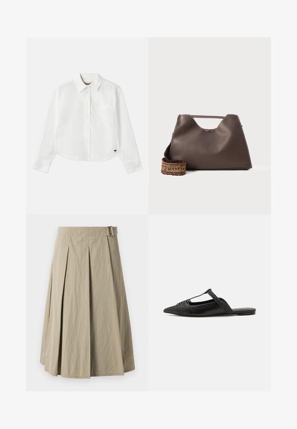 Witte, cropped, langemouwen shirt van katoen. Heeft een knoopsluiting aan de voorkant, een borstzak en een klein zwart logo op de linksonder.; Beige plissé rok met een zachte textuur, voorzien van een riemlus en een A-lijn vorm, ontworpen met een knielange snit.; Zwarte leren slingback schoen met een puntige neus, voorzien van een gevlochten accent en geplooid ontwerp aan de bovenkant. Platte zool met minimale hardware.; Bruine leren handtas met een gestructureerde afwerking, hoekig ontwerp en een kenmerkende bovenhandgreep. Beschikt over een gestreepte geweven riemdetail.