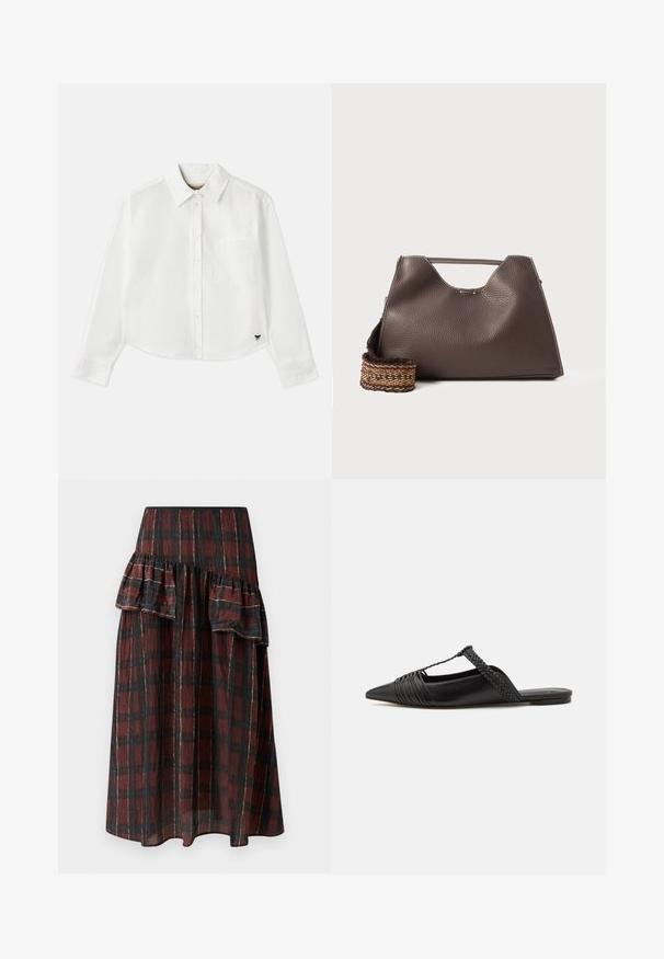 Cămașă albă cropped cu mânecă lungă din bumbac. Prezentă un închizător cu nasturi în față, un buzunar pe piept și un mic logo negru în partea stângă jos.; Fustă maxi cu un model carourile în tonuri de roșu închis și negru, având volane stratificate la talie, confecționată dintr-un material ușor, cu o textură moale.; Pantofii din piele neagră cu curea la spate au vârful ascuțit, prezentând un accent țesut și un design superior pliat. Talpa joasă cu hardware minim.; Geantă de mână din piele maro cu un finisaj texturat, design unghiular și un mâner de sus distinctiv. Prezintă o detaliere a curelei împletite cu un model.