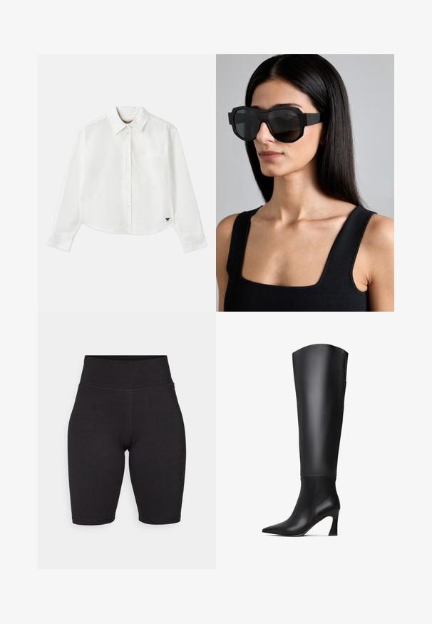 Valkoinen lyhytcroppinen pitkähihainen paita, joka on valmistettu puuvillasta. Siinä on nappisuljenta edessä, rintatasku ja pieni musta logo vasemmassa alakulmassa.; Mustat pyöräilyshortsit joustavasta kankaasta. Korkea vyötärö, sileä pinta, polvenpituus ja saumat edessä ja takana rakenteen tueksi.; Mustat polven korkeudelle ulottuvat nahkasaappaat, joissa on terävä kärki, suora varsi ja kapeneva korkea korko. Sujuva pinta, jossa on minimaalinen yksityiskohtaisuus.; Yliopistokokoiset mustat aurinkolasit, paksulla kehykellä, kulmikkaalla muotoilulla ja tummilla liukuvälikunilla; käytetään mustan hihattoman paidan kanssa.