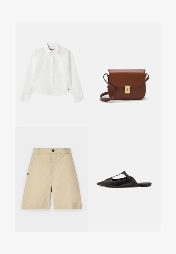 Hvid cropped langærmet skjorte lavet af bomuld. Har en knaplukning foran, en brystlomme og et lille sort logo nederst til venstre.; Beige bomuldsbukser med en almindelig pasform, knaplukning, sidelommer og subtile syninger. Glat tekstur og knælangt design.; Sort læderslyngeback sko med spids tå, der har en vævet detalje og en plisseret overdel. Flad sål med minimal hardware.; Brun læder håndtaske med flaplukning, hardware i gyldent tone, en skulderrem og en glat overflade. Kompakt rektangulær form.