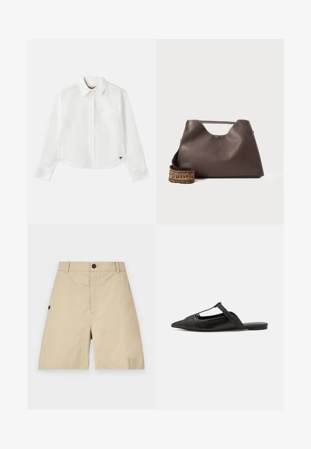 Camisa blanca de manga larga recortada hecha de algodón. Presenta un cierre frontal con botones, un bolsillo en el pecho y un pequeño logo negro en la parte inferior izquierda.; Pantalones cortos de algodón beige con un ajuste regular, cierre de botón, bolsillos laterales y detalles de costura sutiles. Textura suave y diseño hasta la rodilla.; Zapato de piel negra tipo slingback con punta afilada, que presenta un detalle trenzado y un diseño superior plisado. Suela plana con hardware mínimo.; Bolso de mano de piel marrón con un acabado texturizado, diseño angular y un asa superior distintiva. Presenta un detalle de correa tejida con un patrón.