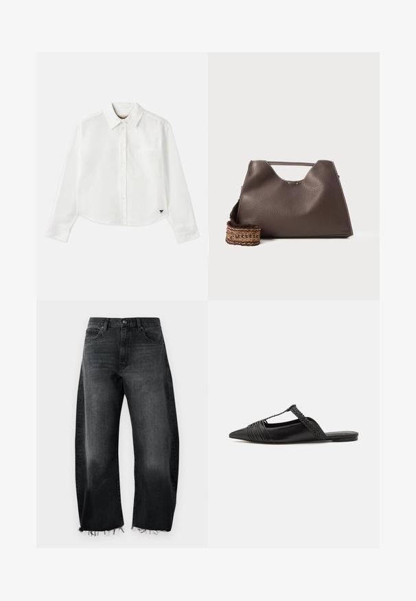 Camicia bianca a maniche lunghe e taglio corto in cotone. Presenta una chiusura con bottoni sul davanti, una tasca sul petto e un piccolo logo nero in basso a sinistra.; Jeans in denim neri con un design a gamba larga, orlo sfilacciato, cinque tasche e una leggera scoloritura; realizzati in robusto cotone.; Scarpa slingback in pelle nera con punta appuntita, con un dettaglio intrecciato e un design superiore plissettato. Suola piatta con hardware minimale.; Borsa a mano in pelle marrone con finitura texturizzata, design angolare e un manico superiore distintivo. Presenta un dettaglio a tracolla intrecciato con motivo.