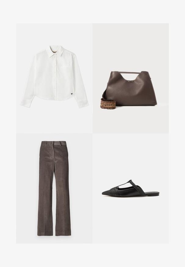 Biały, krótki, długi rękaw koszuli wykonanej z bawełny. Posiada zapięcie na guziki z przodu, kieszeń na piersi oraz małe czarne logo w lewym dolnym rogu.; Brązowe spodnie z korduroju z prostymi nogawkami, pionowym prążkowanym wzorem oraz standardowym pasem z szlufkami na pasek.; Czarny skórzany but na odkrytej pięcie z pointed toe, ozdobiony plecionym akcentem i plisowanym wzorem górnej części. Płaska podeszwa z minimalnymi elementami.; Brązowa skórzana torebka niezbyt miękka w dotyku, o kanciastym kształcie i charakterystycznym górnym uchwycie. Posiada wzorzystą wplecioną taśmę.