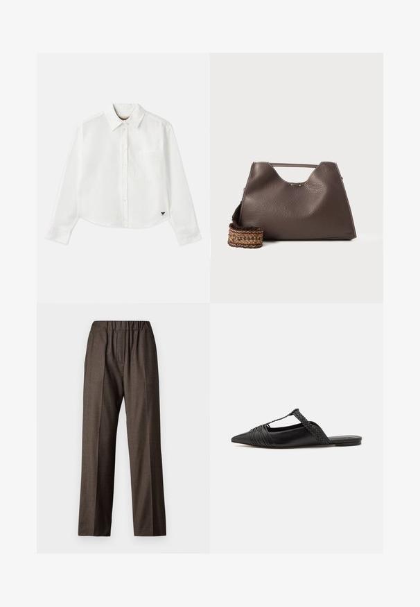 Valkoinen lyhytcroppinen pitkähihainen paita, joka on valmistettu puuvillasta. Siinä on nappisuljenta edessä, rintatasku ja pieni musta logo vasemmassa alakulmassa.; Ruske ručne fasonirane hlače sa kariranim uzorkom, elastičnim pojasom, ravnim nogavicama i bočnim džepovima. Tekstura površine sa suptilnim uzorkom.; Musta nahkasandaali, jossa on terävä kärki, somistettuna kudotulla yksityiskohdalla ja pleatatuilla yläosilla. Litteä pohja, jossa on vähäisiä tarvikkeita.; Ruskea nahkalaukku, jossa on teksturoitu pinta, kulmikas muotoilu ja erottuva yläkahva. Sisältää kuvioidun kudotun hihnan yksityiskohtia.