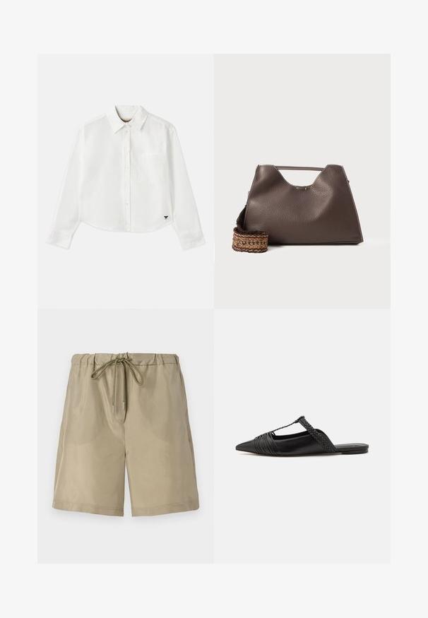 Bílá zkrácená košile s dlouhým rukávem vyrobená z bavlny. Má zapínání na knoflíky vpředu, náprsní kapsu a malé černé logo na dolním levém rohu.; Khaki šortky s elastickým pasem a stahovací šňůrkou. Hladká tkanina, střední délka, bez kapes, jednoduchý design.; Černé kožené slingback boty se špičatou špičkou, s tkaným akcentem a plisovaným designem svršku. Plochá podešev s minimálním kovovým zapínáním.; Hnědá kožená kabelka s texturovaným povrchem, ostrým designem a výraznou horní rukojetí. Obsahuje detail tkaného popruhu se vzorem.