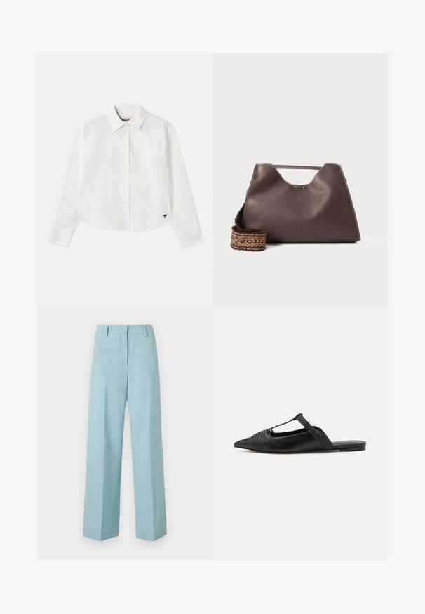 Bela skrajšana srajca z dolgimi rokavi iz bombaža. Ima sprednje gumbke, žep na prsih in majhen črn logo na spodnjem levem delu.; Svetlo modri široki hlače z gladko teksturo, visokim pasom, ostrimi pregibi in prilegajočim krojem. Brez vidnih kovinskih delov ali vzorcev.; Črne usnjene sandale s priponko, koničastim nosom in tkano dekoracijo ter gubanjem na zgornjem delu. Ravna podplata z minimalno opremo.; Rjava usnjena torba z teksturirano površino, angularno obliko in značilno zgornjo ročico. Vsebuje detajl z vzorčnim tkanim trakom.