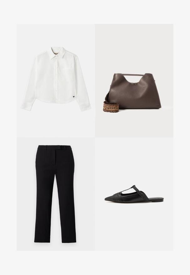 Witte, cropped, langemouwen shirt van katoen. Heeft een knoopsluiting aan de voorkant, een borstzak en een klein zwart logo op de linksonder.; Zwarte rechte broek met een platte voorkant, tailleband en riemlussen. Gladde stofstructuur, minimale stikseldetails en geen zichtbare zakken.; Zwarte leren slingback schoen met een puntige neus, voorzien van een gevlochten accent en geplooid ontwerp aan de bovenkant. Platte zool met minimale hardware.; Bruine leren handtas met een gestructureerde afwerking, hoekig ontwerp en een kenmerkende bovenhandgreep. Beschikt over een gestreepte geweven riemdetail.