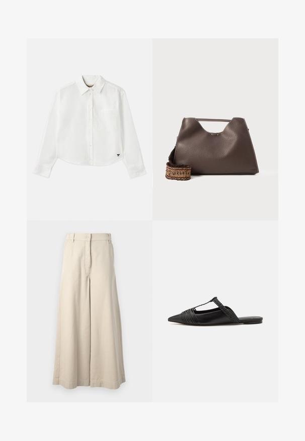Camicia bianca a maniche lunghe e taglio corto in cotone. Presenta una chiusura con bottoni sul davanti, una tasca sul petto e un piccolo logo nero in basso a sinistra.; Pantaloni beige a gamba larga con chiusura a bottone e tasche frontali. Realizzati in morbido cotone, presentano una vita sagomata e dettagli di rifinitura puliti.; Scarpa slingback in pelle nera con punta appuntita, con un dettaglio intrecciato e un design superiore plissettato. Suola piatta con hardware minimale.; Borsa a mano in pelle marrone con finitura texturizzata, design angolare e un manico superiore distintivo. Presenta un dettaglio a tracolla intrecciato con motivo.
