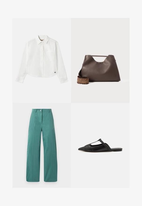 Baltas trumpas ilgos rankovės marškinėliai, pagaminti iš medvilnės. Turintys sagų priekį, krūtinės kišenę ir mažą juodą logotipą apačioje kairėje pusėje.; Platus kojinės iš minkštos žydros medžiagos, su priekiniais mygtukais, aštriais raukšlėmis ir lygiu paviršiumi. Išskirtinai pritaikytas dizainas su minimaliais akcentais.; Juodos odinės slingback bateliai su smailiu pirštu, turintys audinį akcentą ir raukšlėtą viršutinį dizainą. Lygus padas su minimaliais aksesuarais.; Ruda odinė rankinė su tekstūruotu paviršiumi, kampuota forma ir išskirtiniu viršutiniu rankena. Yra raštuota pintinė diržo detalė.