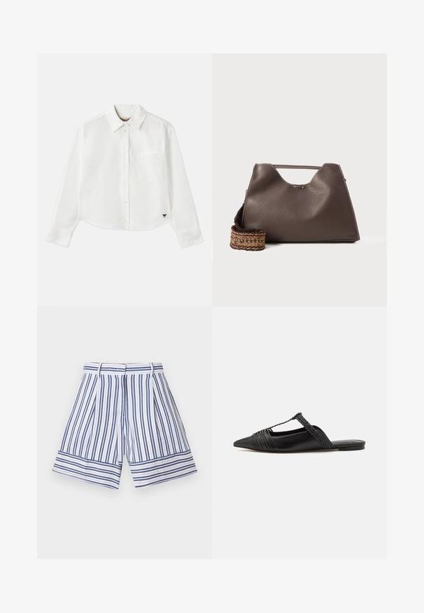 Baltas trumpas ilgos rankovės marškinėliai, pagaminti iš medvilnės. Turintys sagų priekį, krūtinės kišenę ir mažą juodą logotipą apačioje kairėje pusėje.; Dryžuoti šortai su mėlynomis ir baltomis vertikaliomis linijomis, plačia apatine dalimi ir klostuotu priekiu. Pagaminti iš lengvos medžiagos.; Juodos odinės slingback bateliai su smailiu pirštu, turintys audinį akcentą ir raukšlėtą viršutinį dizainą. Lygus padas su minimaliais aksesuarais.; Ruda odinė rankinė su tekstūruotu paviršiumi, kampuota forma ir išskirtiniu viršutiniu rankena. Yra raštuota pintinė diržo detalė.