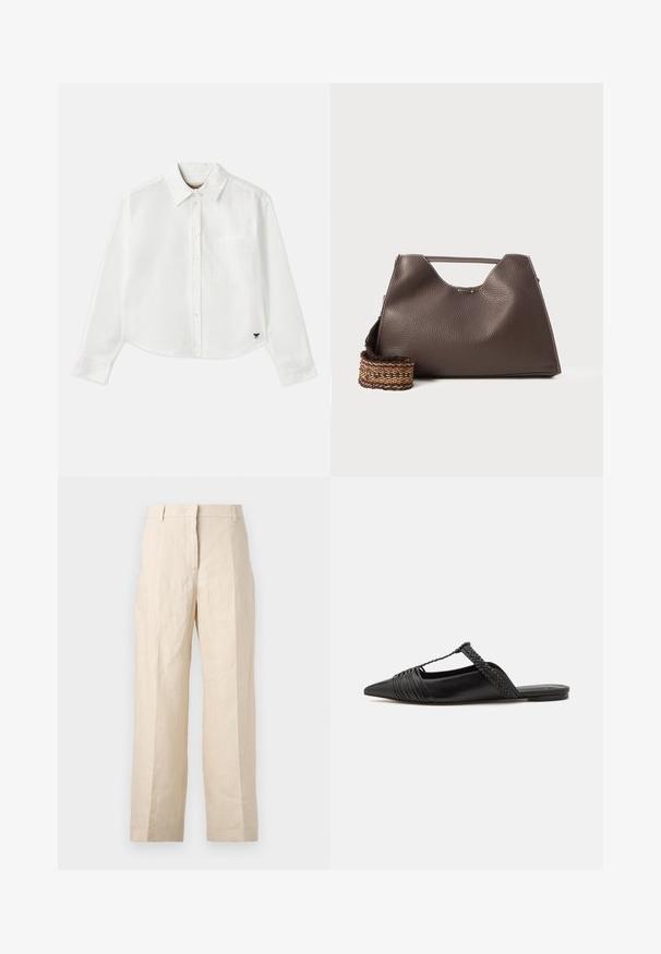 Valge lühikesed varrukad puuvillane särk. Omab nööbiga esist, rinna taskut ning väikest musta logo all vasakul.; Bež linasest püksid, millel on lõtv istuvus, volditud eesmine osa ja sirged jalad. Omab vööd, millel on vöökohaga silmused, ja nähtavaid taskuid ei ole.; Must kuulsad nahast kandadega kingad, millel on terav nina, koos kootud detaili ja volditud ülaosaga. Lame tald minimaalse riistvaraga.; Pruun nahkne käekott tekstureeritud viimistlusega, nurkadega disain ja silmapaistev ülemine sang. Omab mustriga kootud rihma detaili.