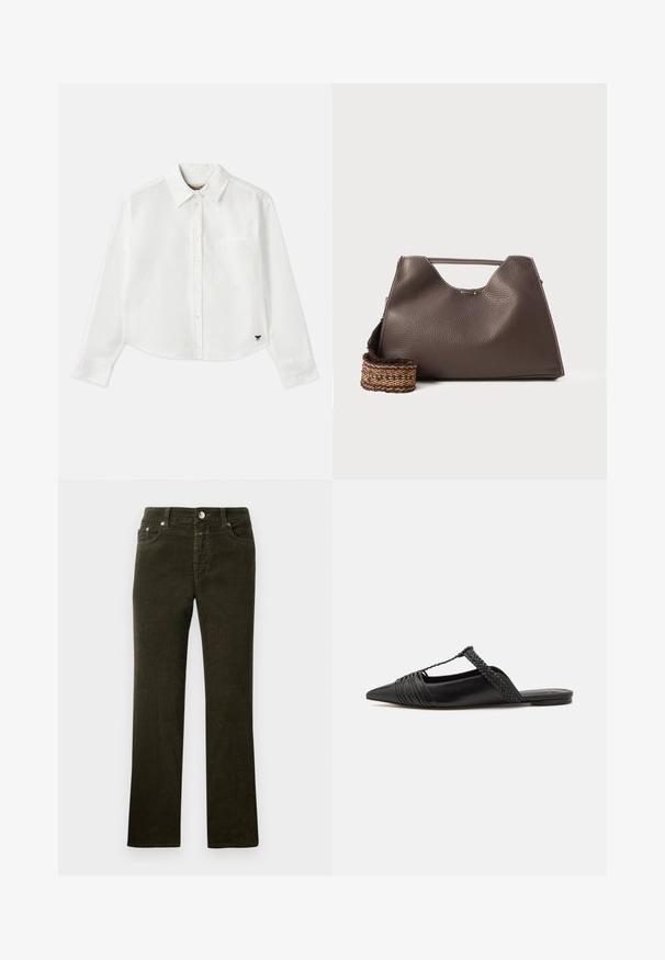 Fehér, rövidített hosszú ujjú, pamut ing. Gombos elülső résszel, mellzsebbel és egy kis fekete logóval a bal alsó részen.; Egyenes lábú, sötét olíva zöld kordbársony nadrág, öt zsebes kialakítással, fémből készült gombbal és cipzárral. Puha tapintású, látható kordmintázattal.; Fekete bőr slingback cipő hegyes orral, szőtt díszítéssel és redőzött felső dizájnnal. Lapos talp minimális hardverrel.; Barna bőr kézi táska texturált felülettel, szögletes dizájnnal és jellegzetes felső fogantyúval. Mintás szőtt vállpánttal rendelkezik.