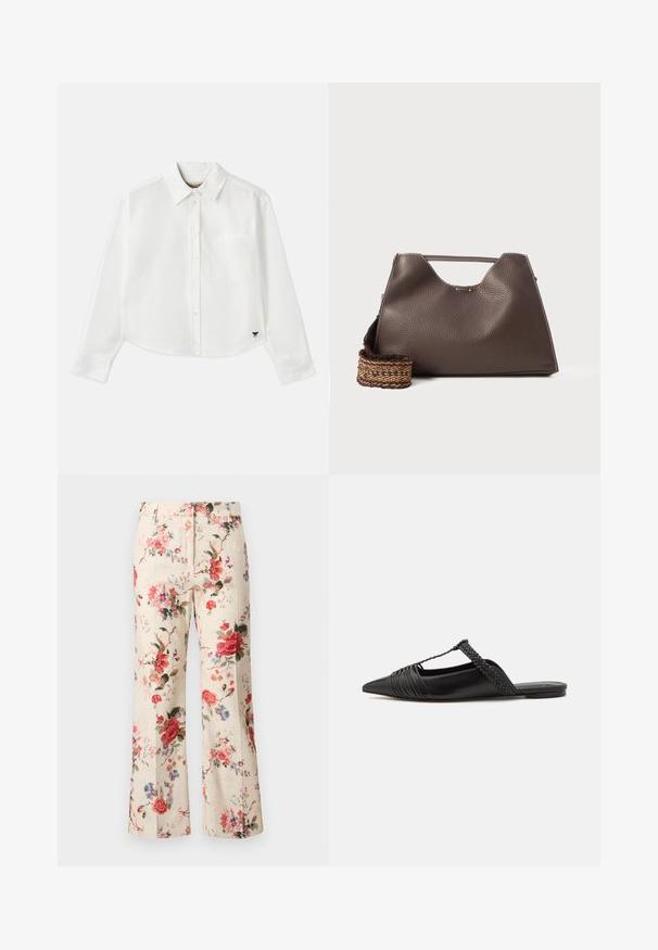 Baltas trumpas ilgos rankovės marškinėliai, pagaminti iš medvilnės. Turintys sagų priekį, krūtinės kišenę ir mažą juodą logotipą apačioje kairėje pusėje.; WEEKEND MaxMara CADMIO - Kelnės - ivory; Juodos odinės slingback bateliai su smailiu pirštu, turintys audinį akcentą ir raukšlėtą viršutinį dizainą. Lygus padas su minimaliais aksesuarais.; Ruda odinė rankinė su tekstūruotu paviršiumi, kampuota forma ir išskirtiniu viršutiniu rankena. Yra raštuota pintinė diržo detalė.