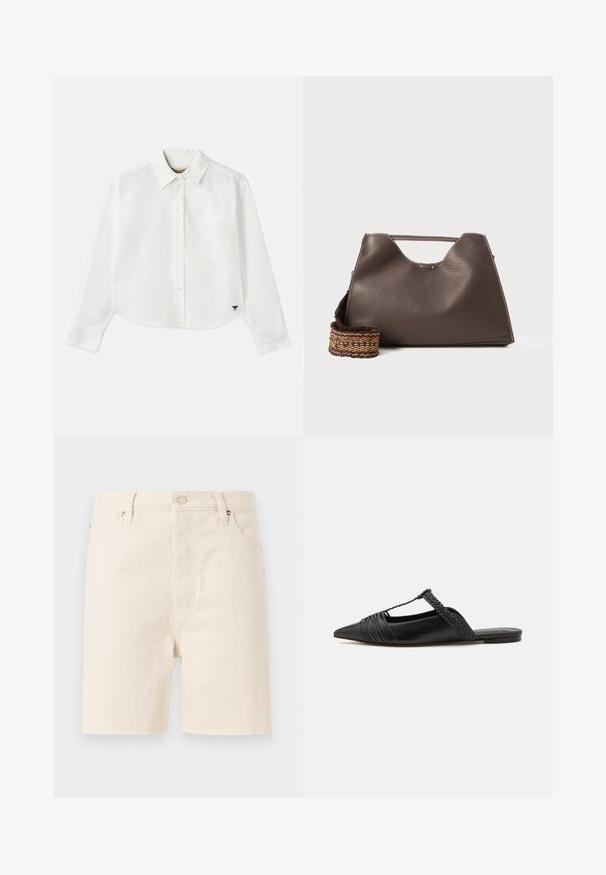 Chemise blanche à manches longues raccourcie en coton. Elle présente un devant à boutons, une poche sur la poitrine et un petit logo noir en bas à gauche.; Shorts en denim beige à coupe droite, avec fermeture à bouton, passants de ceinture et ourlet effiloché. Design à cinq poches.; Chaussure en cuir noir à talon ouvert avec un bout pointu, présentant un accent tressé et un design supérieur plissé. Semelle plate avec un matériel minimal.; Sac à main en cuir marron avec une finition texturée, un design angulaire et une poignée supérieure distinctive. Présente un détail de sangle tissée à motif.