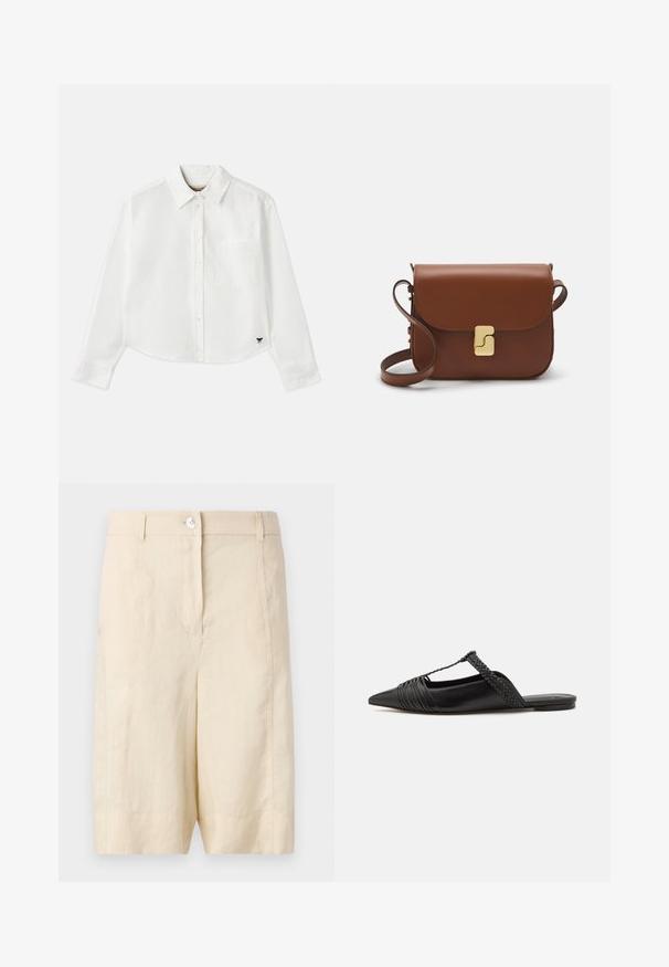 White cropped long-sleeve shirt made of cotton. Features a button-up front, a chest pocket, and a small black logo on the bottom left.; Beige linen shorts with a smooth texture, featuring a front button closure, tailored design, and straight cut at the hem.; Black leather slingback shoe with a pointed toe, featuring a woven accent and pleated upper design. Flat sole with minimal hardware.; Brown leather handbag with a flap closure, gold-tone hardware, a shoulder strap, and a smooth texture. Compact rectangular shape.