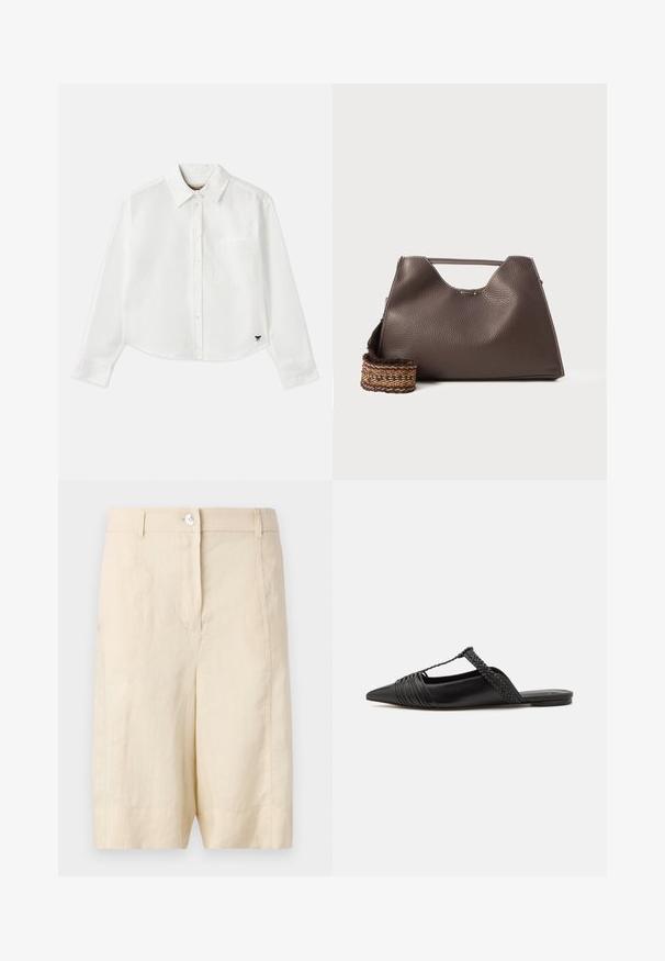 Baltas trumpas ilgos rankovės marškinėliai, pagaminti iš medvilnės. Turintys sagų priekį, krūtinės kišenę ir mažą juodą logotipą apačioje kairėje pusėje.; Smėliniai lininiai šortai su lygiu paviršiumi, turintys priekinį mygtuką užsegimui, pritaikytą dizainą ir tiesią apdailą.; Juodos odinės slingback bateliai su smailiu pirštu, turintys audinį akcentą ir raukšlėtą viršutinį dizainą. Lygus padas su minimaliais aksesuarais.; Ruda odinė rankinė su tekstūruotu paviršiumi, kampuota forma ir išskirtiniu viršutiniu rankena. Yra raštuota pintinė diržo detalė.