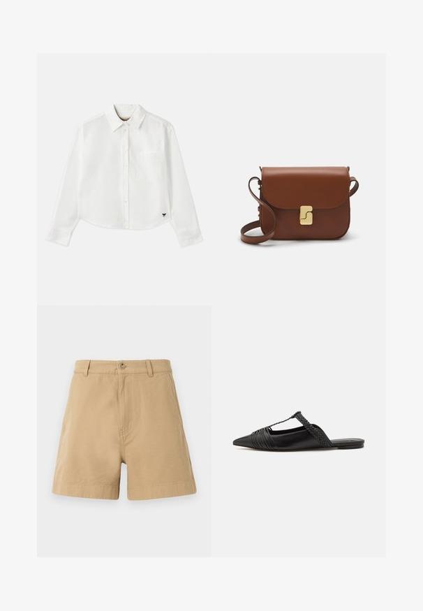 Balta, īsa garuma piedurkņu krekls, kas izgatavots no kokvilnas. Tam ir pogājama priekšpuse, krūšu kabata un mazs melns logo apakšējā kreisajā stūrī.; Beige šorti, kas izgatavoti no kokvilnas, ar klasisku dizainu, priekšējā pogu aizdare un jostas cilpiņām. Gluda tekstūra ar sānu kabatām.; Melnas ādas slingback kurpes ar norādītu purngali, kurām ir austoša akcenta un krokota augšdaļa. Plakana zole ar minimālu aparatūru.; Bordo ādas rokas soma ar atloku, zeltītām detaļām, plecu siksnu un gludu virsmu. Kompakta, taisnstūrveida forma.