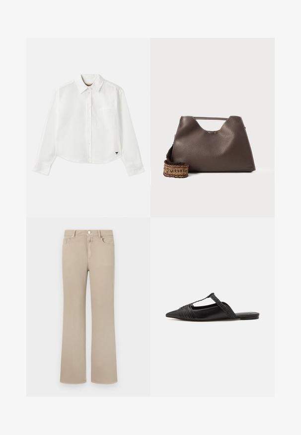 Hvid cropped langærmet skjorte lavet af bomuld. Har en knaplukning foran, en brystlomme og et lille sort logo nederst til venstre.; Beige flagrende jeans lavet af blødt bomuld. Har et klassisk fem-lomme-design, knaplukning og pæne syninger langs kanterne.; Sort læderslyngeback sko med spids tå, der har en vævet detalje og en plisseret overdel. Flad sål med minimal hardware.; Brun læder skuldertaske med en tekstureret overflade, vinkelret design og et karakteristisk topgreb. Har et mønstret vævet stropdetalje.