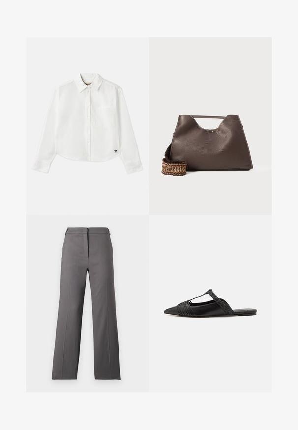Camisa blanca de manga larga recortada hecha de algodón. Presenta un cierre frontal con botones, un bolsillo en el pecho y un pequeño logo negro en la parte inferior izquierda.; Pantalones de pierna ancha en gris con una textura suave, que cuentan con un frente plano, cierre de cremallera y detalles mínimos. Diseñados para un ajuste relax.; Zapato de piel negra tipo slingback con punta afilada, que presenta un detalle trenzado y un diseño superior plisado. Suela plana con hardware mínimo.; Bolso de mano de piel marrón con un acabado texturizado, diseño angular y un asa superior distintiva. Presenta un detalle de correa tejida con un patrón.
