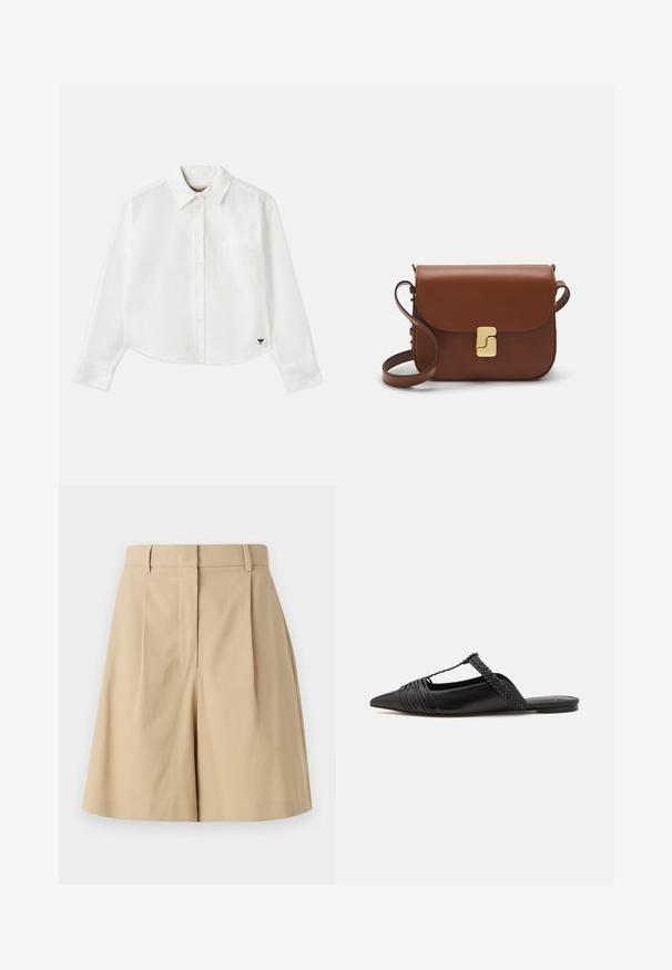 Biały, krótki, długi rękaw koszuli wykonanej z bawełny. Posiada zapięcie na guziki z przodu, kieszeń na piersi oraz małe czarne logo w lewym dolnym rogu.; Beżowe szorty plisowane z wysokim stanem, charakteryzujące się gładką fakturą i brakiem widocznych zapięć, skrojone na czystą sylwetkę.; Czarny skórzany but na odkrytej pięcie z pointed toe, ozdobiony plecionym akcentem i plisowanym wzorem górnej części. Płaska podeszwa z minimalnymi elementami.; Brązowa skórzana torebka na ramię z klapką, złotymi detalami, paskiem na ramię i gładką teksturą. Kompaktowy prostokątny kształt.